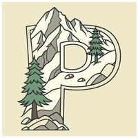 Design the letter 'p' as a sharp mountain peak with snowy textures, evergreen trees, and rugged rock formations for an alpine feel. vector