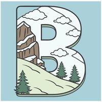 Design the letter 'B' as a sharp mountain peak with snowy textures, evergreen trees, and rugged rock formations for an alpine feel. vector