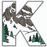 Design the letter 'K' as a sharp mountain peak with snowy textures, evergreen trees, and rugged rock formations for an alpine feel. vector