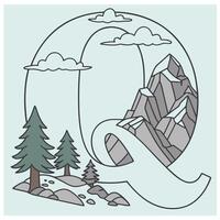 Design the letter 'Q' as a sharp mountain peak with snowy textures, evergreen trees, and rugged rock formations for an alpine feel. vector