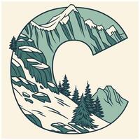 Design the letter 'C' as a sharp mountain peak with snowy textures, evergreen trees, and rugged rock formations for an alpine feel. vector