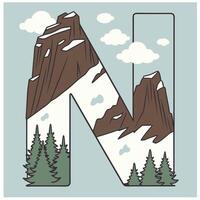 Design the letter 'N' as a sharp mountain peak with snowy textures, evergreen trees, and rugged rock formations for an alpine feel. vector