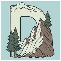 Design the letter 'D' as a sharp mountain peak with snowy textures, evergreen trees, and rugged rock formations for an alpine feel. vector