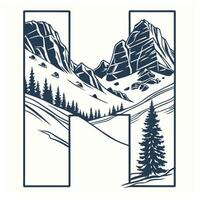 Design the letter 'H' as a sharp mountain peak with snowy textures, evergreen trees, and rugged rock formations for an alpine feel. vector
