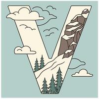 Design the letter 'V' as a sharp mountain peak with snowy textures, evergreen trees, and rugged rock formations for an alpine feel. vector
