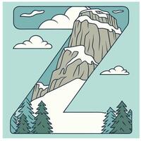 Design the letter 'Z' as a sharp mountain peak with snowy textures, evergreen trees, and rugged rock formations for an alpine feel. vector