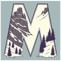 Design the letter 'M' as a sharp mountain peak with snowy textures, evergreen trees, and rugged rock formations for an alpine feel. vector