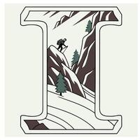 Design the letter 'I' as a sharp mountain peak with snowy textures, evergreen trees, and rugged rock formations for an alpine feel. vector