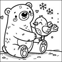 A coloring page with a bear and bird vector