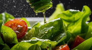 A salad with tomatoes and lettuce being sprayed with water photo