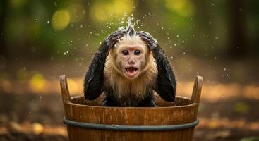 A monkey in a wooden bucket with water running down its head photo
