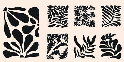 Abstract black botanical silhouettes featuring various leaf and floral shapes in square designs. Floral doodle naive patterns. Contemporary matisse style. Trendy set. vector