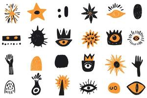 Collection of abstract grungy punk linocut shapes with eyes, suns, and hands. Charcoal marker scribble elements, geometric shapes, eye, crown, star, flower. Crayon pencil lino doodles vector