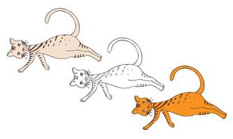 A domestic cat lying on its side and looking up. Doodle simple elements isolated on a white background. Black contour, flat colors vector