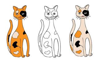Silhouettes of a sitting cat, isolated on a white background. Variations in black lines and flat colors. Tricolor. A cute doodle illustration vector
