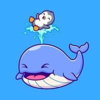 Cute Whale Playing With Penguin Cartoon vector