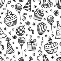 a black and white birthday party pattern with cupcakes, balloons and other items vector