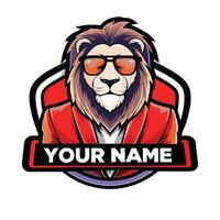 a lion wearing sunglasses and a red jacket with the word 'your name'on it vector