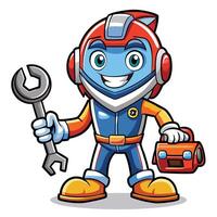cartoon blue mechanic holding a wrench and toolbox vector