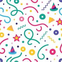 a colorful party pattern with party hats, streamers and confetti vector