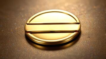 A shiny gold circular token with two parallel grooves rests on a textured brown surface, reflecting light elegantly photo