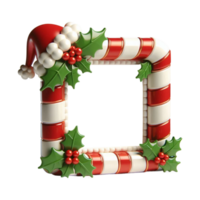 Christmas red and white empty frame for text, decorated with Santa hat and holly branches with red berries. png