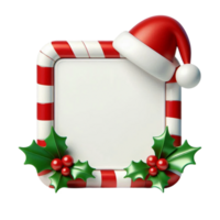 Square frame with red and white stripes and empty space for text, decorated with red Santa hat and holly sprigs png