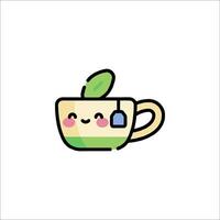 Tea cup with a cute face and a leaf vector