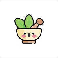 A cartoon mortar and pestle with a green leaf vector