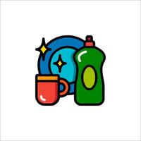 A colorful bottle and cup of liquid are next to a dish vector