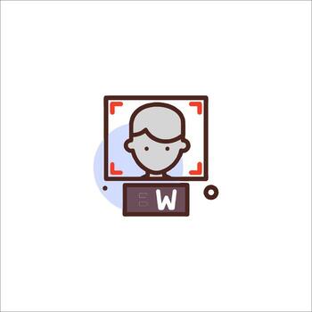 un hombre es mirando a un computadora pantalla con un rojo circulo vector