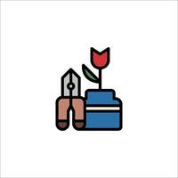 A flower pot and scissors are shown in a flat line style vector