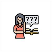 A woman holding a book with question marks on it vector
