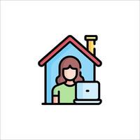 A woman is sitting in front of a house with a laptop vector