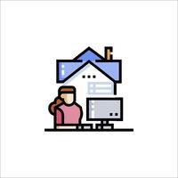 A woman is working at a computer in front of a house vector