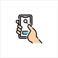 Hand holding a smartphone with a magnifying glass icon vector