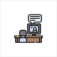A person sitting at a desk with a computer and a chat bubble vector