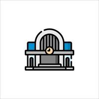 A blue and white icon of a building vector