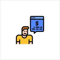 A man is talking to a computer with a dollar sign vector