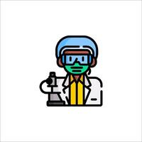 A man in a lab coat and goggles holding a microscope vector