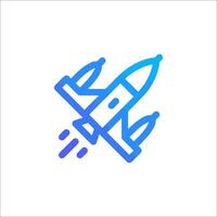 A blue and white line icon of a rocket vector