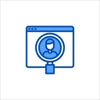A blue icon of a person looking at a computer screen vector