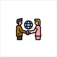 Two people shaking hands with a globe in the middle vector
