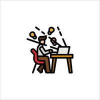 A man sitting at a desk with a laptop and a light bulb vector