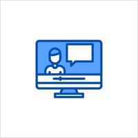 A blue line icon of a person on a computer screen vector