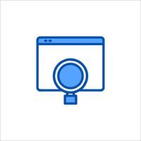 A blue icon of a magnifying glass on a computer screen vector