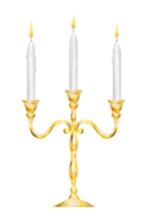 Watercolor isolated clip art of elegant golden candelabra with three white candles burning with yellow flame. Perfect for weddings, event decor, romantic dinners, Valentine's Day, Christmas png