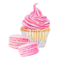 Watercolor illustration of a cupcake with vibrant pink swirled frosting and macarons. Isolated clipart is perfect for bakery branding, dessert menu, food-related design, greeting cards, party projects png