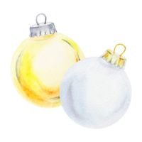 Watercolor isolated clipart of golden and white Christmas ornaments with a metallic cap and a loop for hanging. A festive decoration perfect for Christmas designs, holiday cards, and seasonal project png
