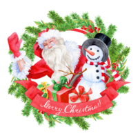 Watercolor illustration with Snowman and Santa Claus greeting. Boxes with bows in wreath of green firs and lettering on the ribbon png